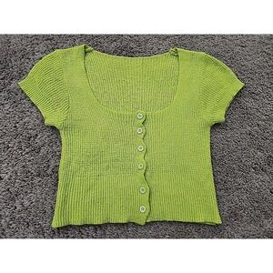 Amour Knit Crop Top Womens S Lime Green Scoop Neck Button Up Retro Y2k